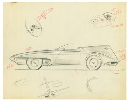 Early Design Drawing for Plymouth XNR Concept Car, by Virgil M. Exner, 1959. This early design drawing highlights one of the Plymouth XNR's most striking features: a vertical fin running from the hood to the tail. 